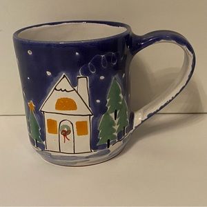 ITALY MUG POTTERY BLUE WHITE HOUSE TREE REINDEER 14 oz. HOME HOLIDAY